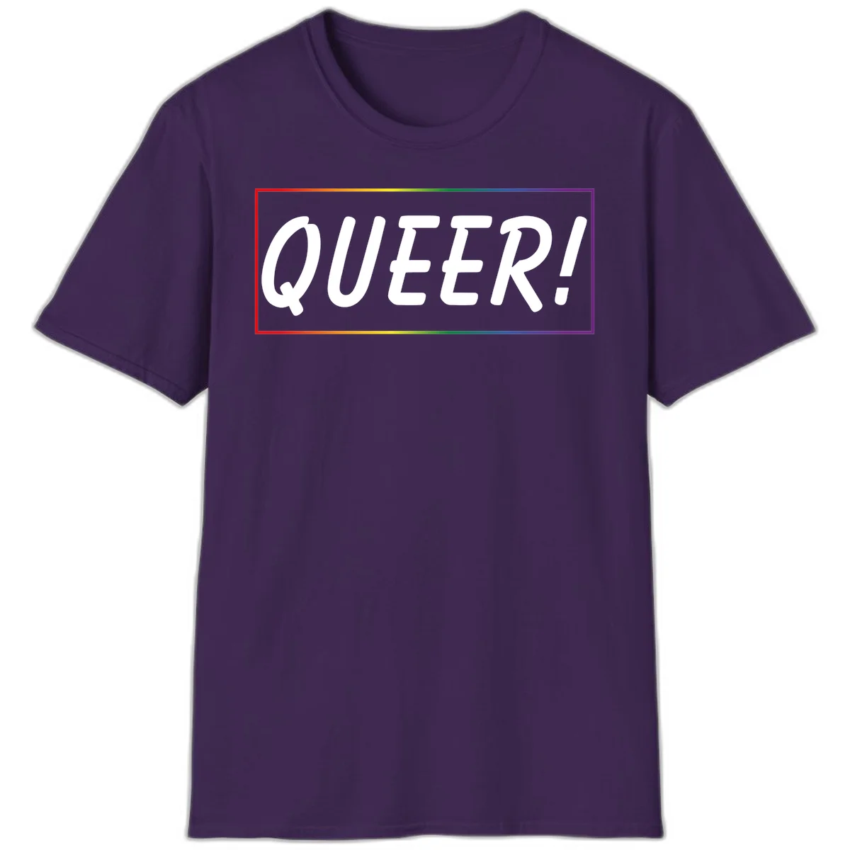 White bold text reading 'QUEER!' on gray background with rainbow gradient border representing pride colors in Purple