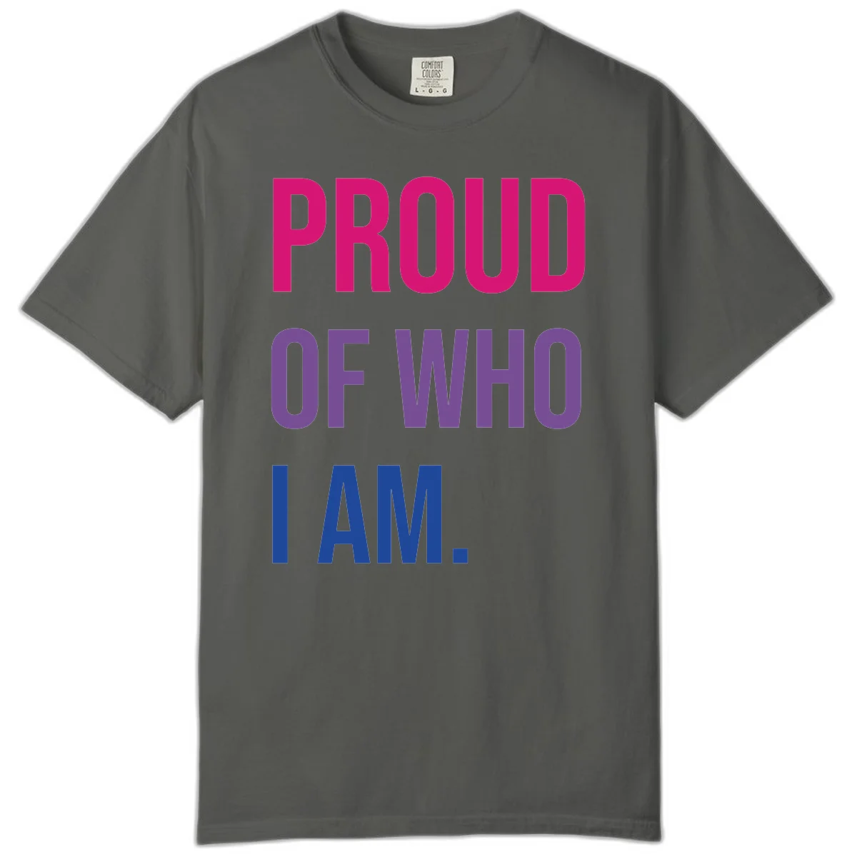 Bold colorful typography design reading 'PROUD OF WHO I AM' in magenta, purple, and blue letters on gray background in Pepper