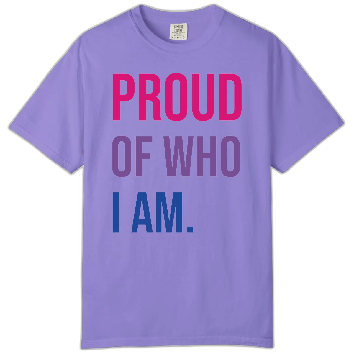 Bold colorful typography design reading 'PROUD OF WHO I AM' in magenta, purple, and blue letters on gray background in Violet