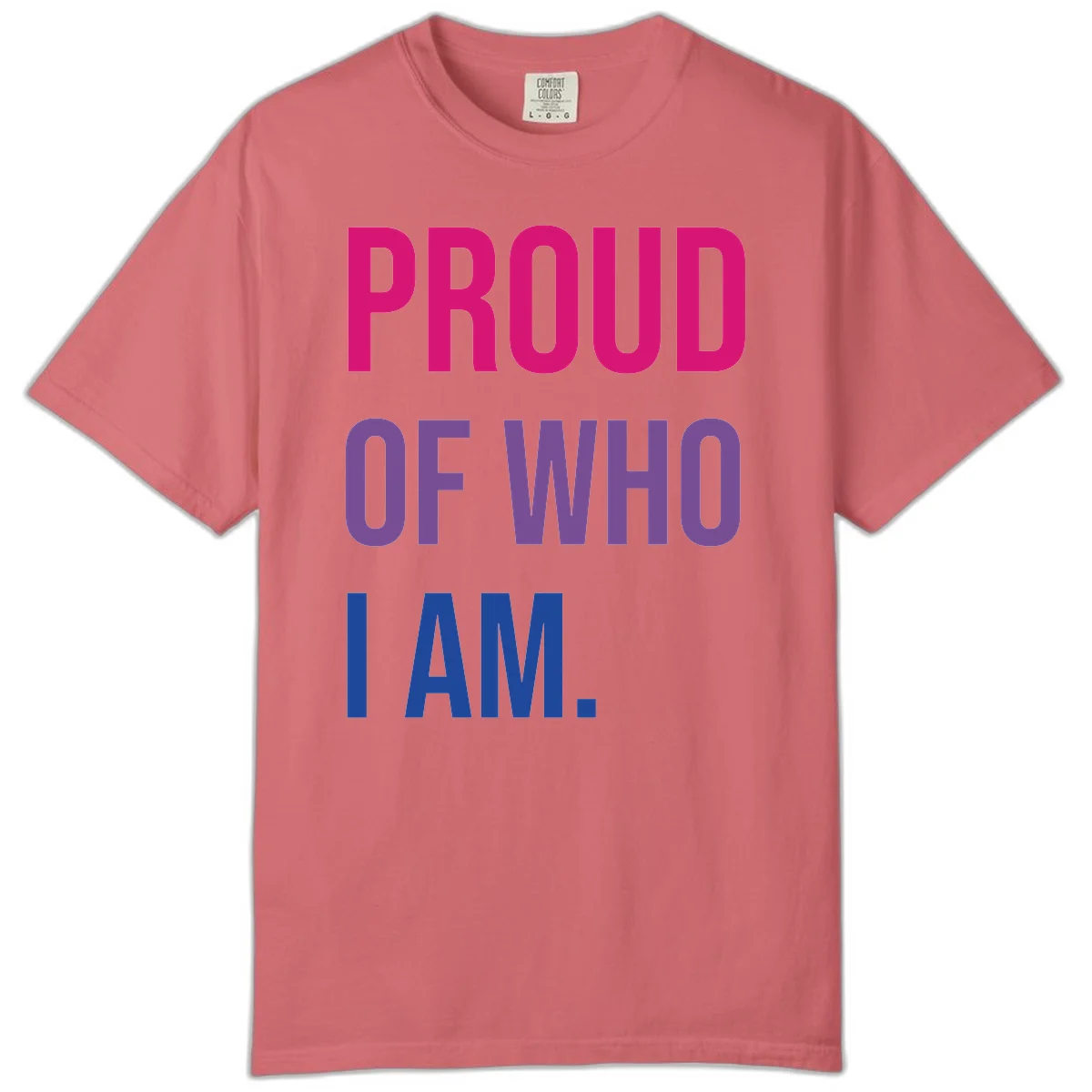 Bold colorful typography design reading 'PROUD OF WHO I AM' in magenta, purple, and blue letters on gray background in Watermelon