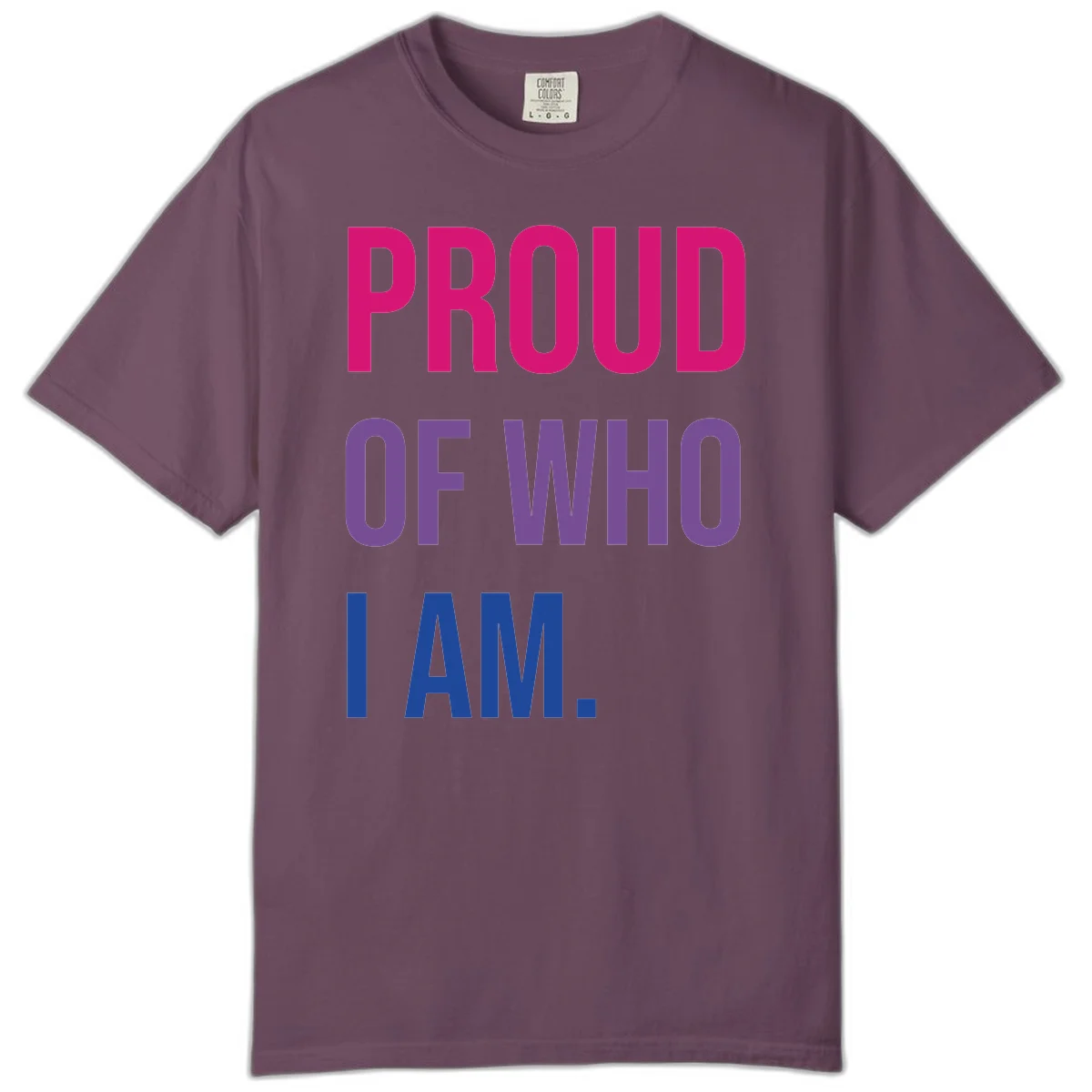 Bold colorful typography design reading 'PROUD OF WHO I AM' in magenta, purple, and blue letters on gray background in Berry