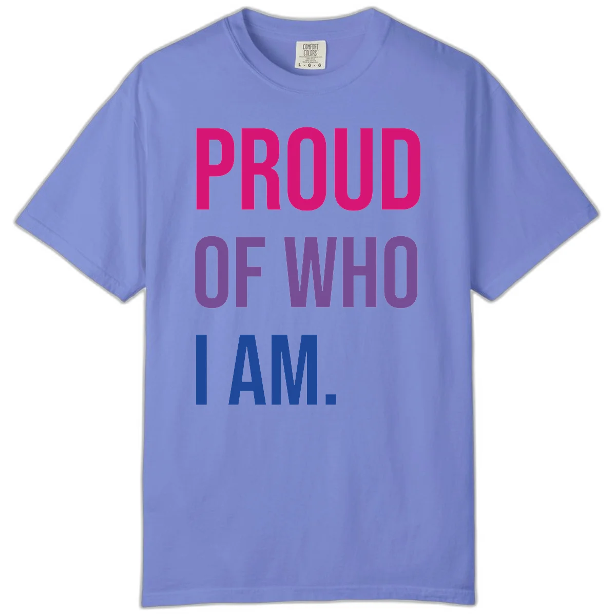 Bold colorful typography design reading 'PROUD OF WHO I AM' in magenta, purple, and blue letters on gray background in Flo Blue