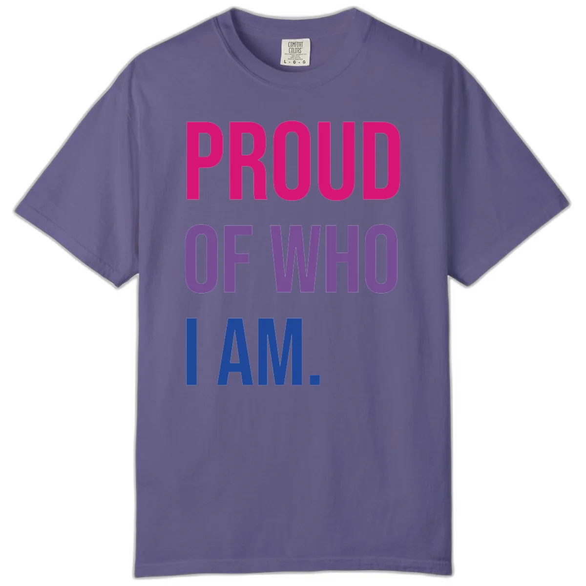 Bold colorful typography design reading 'PROUD OF WHO I AM' in magenta, purple, and blue letters on gray background in Grape