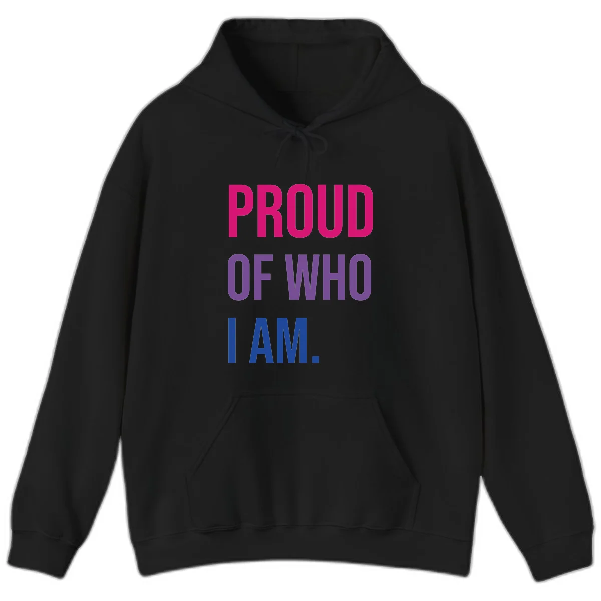 Bold colorful typography design reading 'PROUD OF WHO I AM' in magenta, purple, and blue letters on gray background in Black