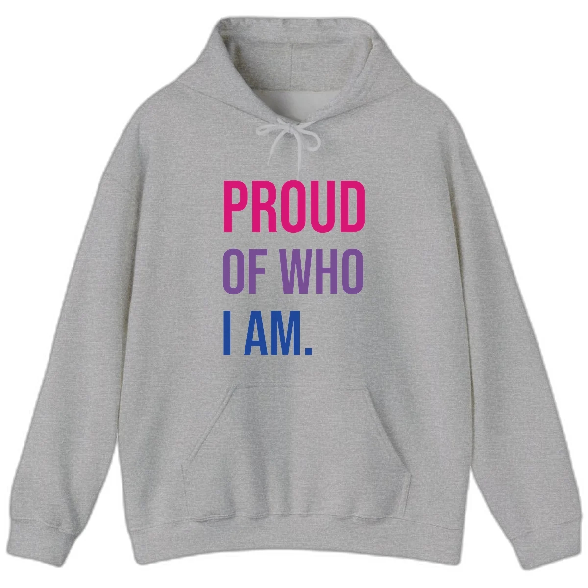 Bold colorful typography design reading 'PROUD OF WHO I AM' in magenta, purple, and blue letters on gray background in Sport Grey