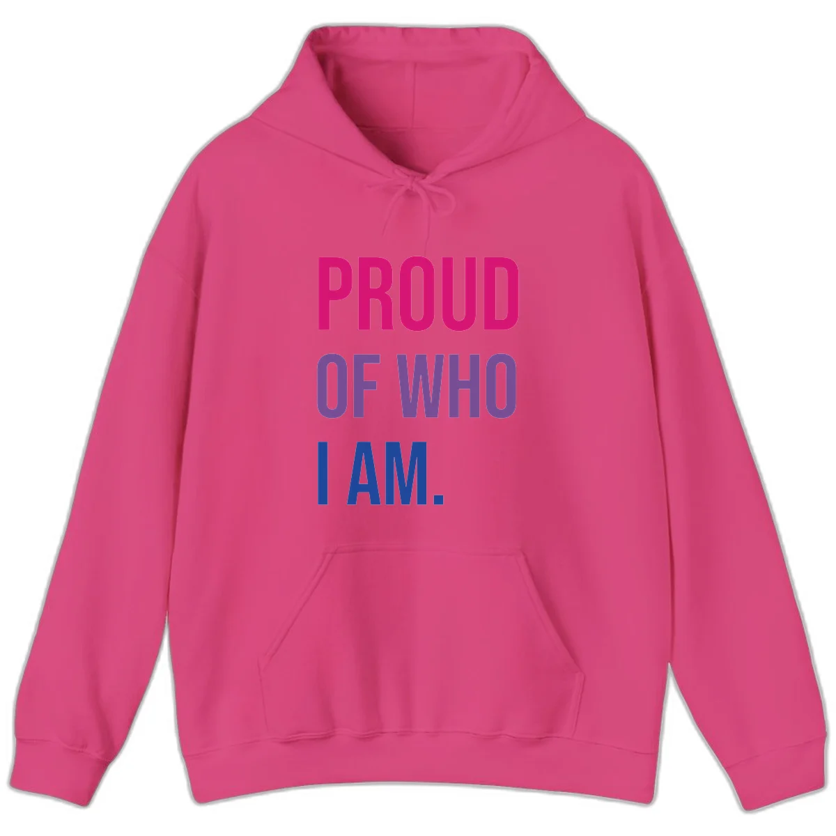 Bold colorful typography design reading 'PROUD OF WHO I AM' in magenta, purple, and blue letters on gray background in Heliconia