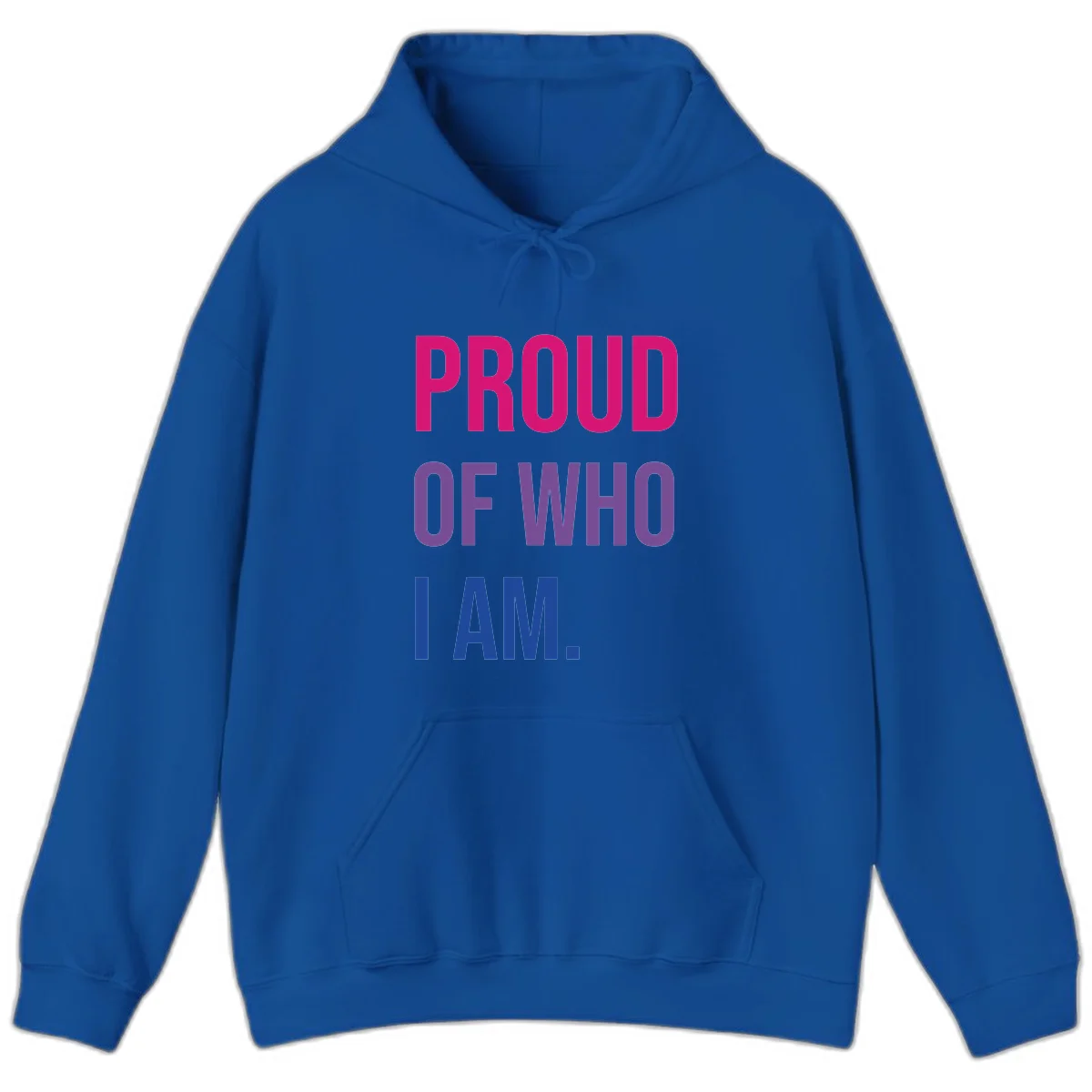 Bold colorful typography design reading 'PROUD OF WHO I AM' in magenta, purple, and blue letters on gray background in Royal