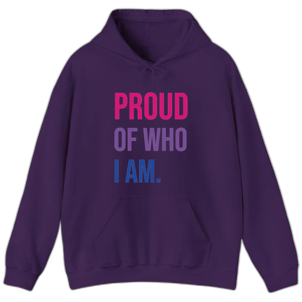 Bold colorful typography design reading 'PROUD OF WHO I AM' in magenta, purple, and blue letters on gray background in Purple