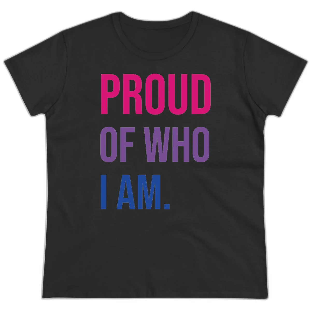 Bold colorful typography design reading 'PROUD OF WHO I AM' in magenta, purple, and blue letters on gray background in Black