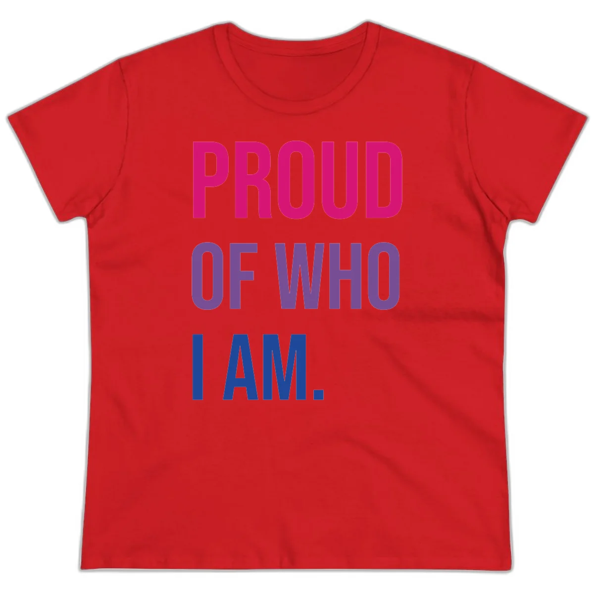 Bold colorful typography design reading 'PROUD OF WHO I AM' in magenta, purple, and blue letters on gray background in Red