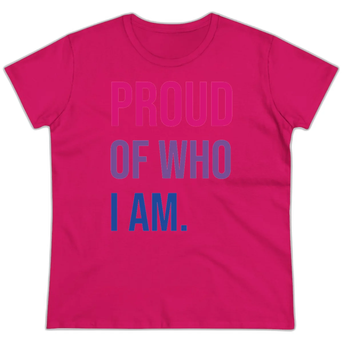 Bold colorful typography design reading 'PROUD OF WHO I AM' in magenta, purple, and blue letters on gray background in Heliconia