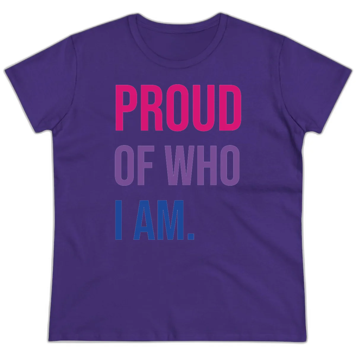 Bold colorful typography design reading 'PROUD OF WHO I AM' in magenta, purple, and blue letters on gray background in Purple