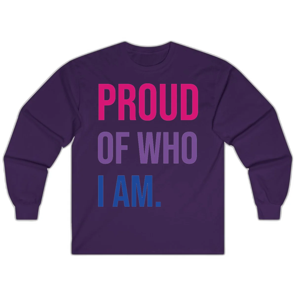 Bold colorful typography design reading 'PROUD OF WHO I AM' in magenta, purple, and blue letters on gray background in Purple