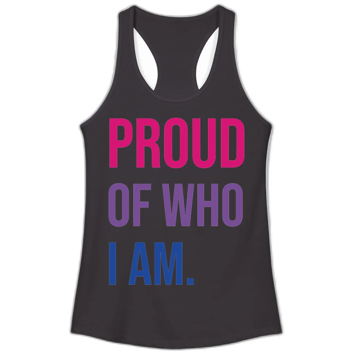 Bold colorful typography design reading 'PROUD OF WHO I AM' in magenta, purple, and blue letters on gray background in Black