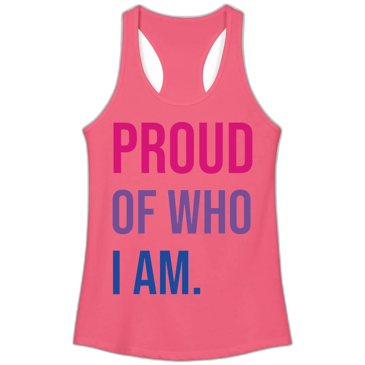 Bold colorful typography design reading 'PROUD OF WHO I AM' in magenta, purple, and blue letters on gray background in Hot Pink