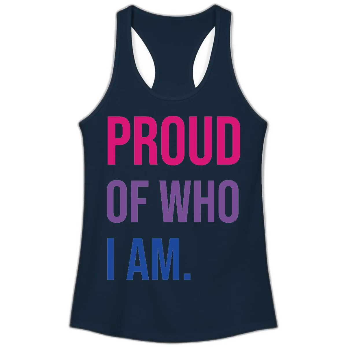 Bold colorful typography design reading 'PROUD OF WHO I AM' in magenta, purple, and blue letters on gray background in Solid Midnight Navy