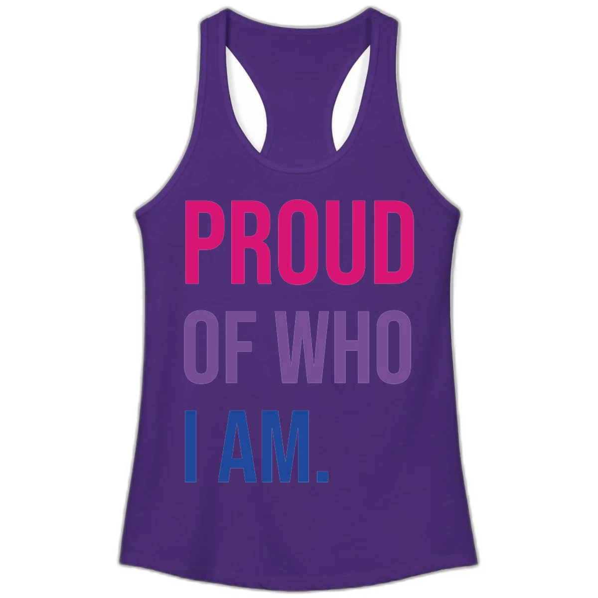 Bold colorful typography design reading 'PROUD OF WHO I AM' in magenta, purple, and blue letters on gray background in Solid Purple Rush
