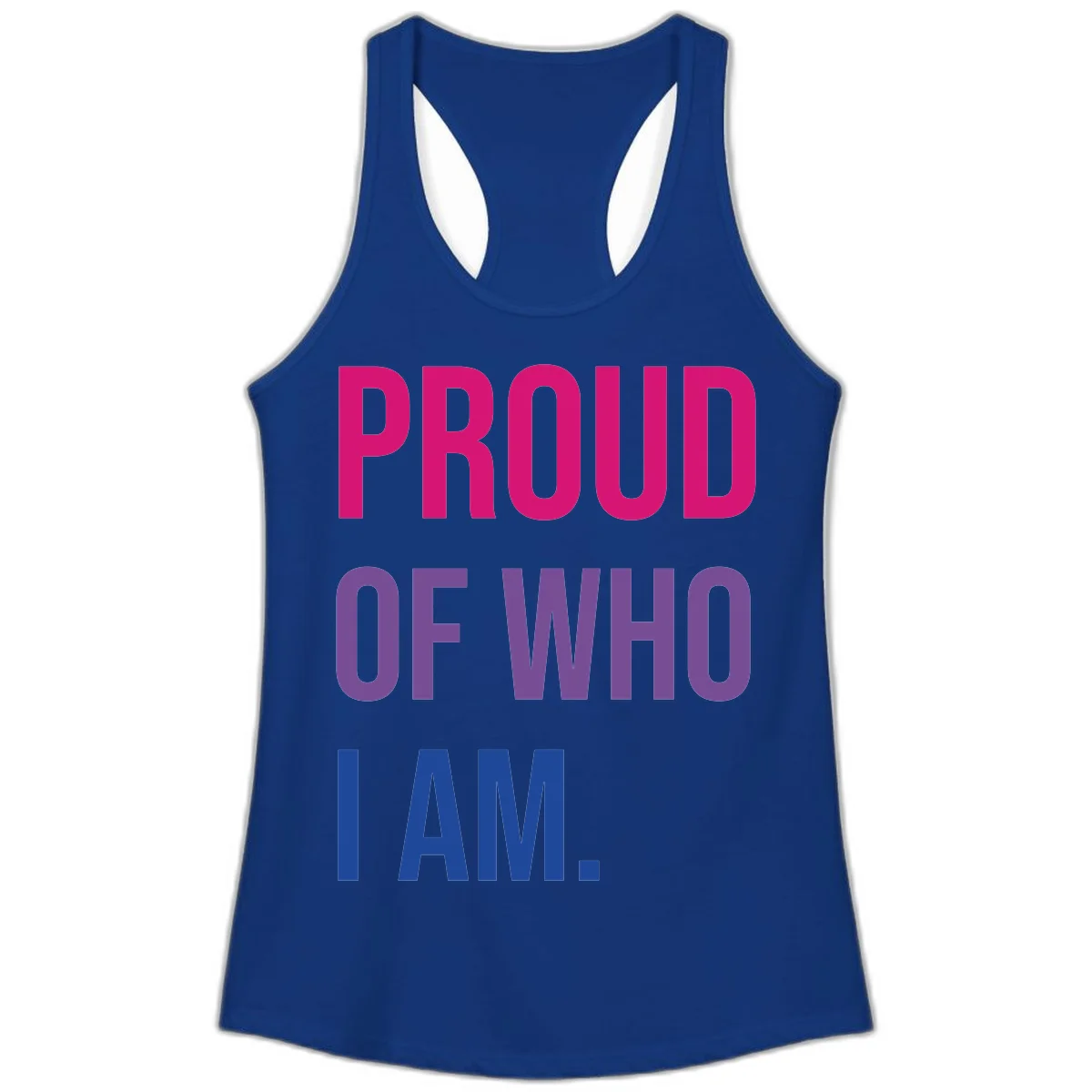 Bold colorful typography design reading 'PROUD OF WHO I AM' in magenta, purple, and blue letters on gray background in Solid Royal