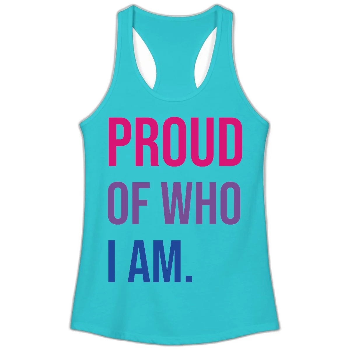 Bold colorful typography design reading 'PROUD OF WHO I AM' in magenta, purple, and blue letters on gray background in Solid Tahiti Blue