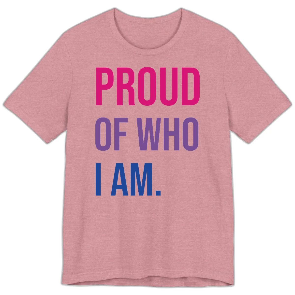 Bold colorful typography design reading 'PROUD OF WHO I AM' in magenta, purple, and blue letters on gray background in Heather Orchid