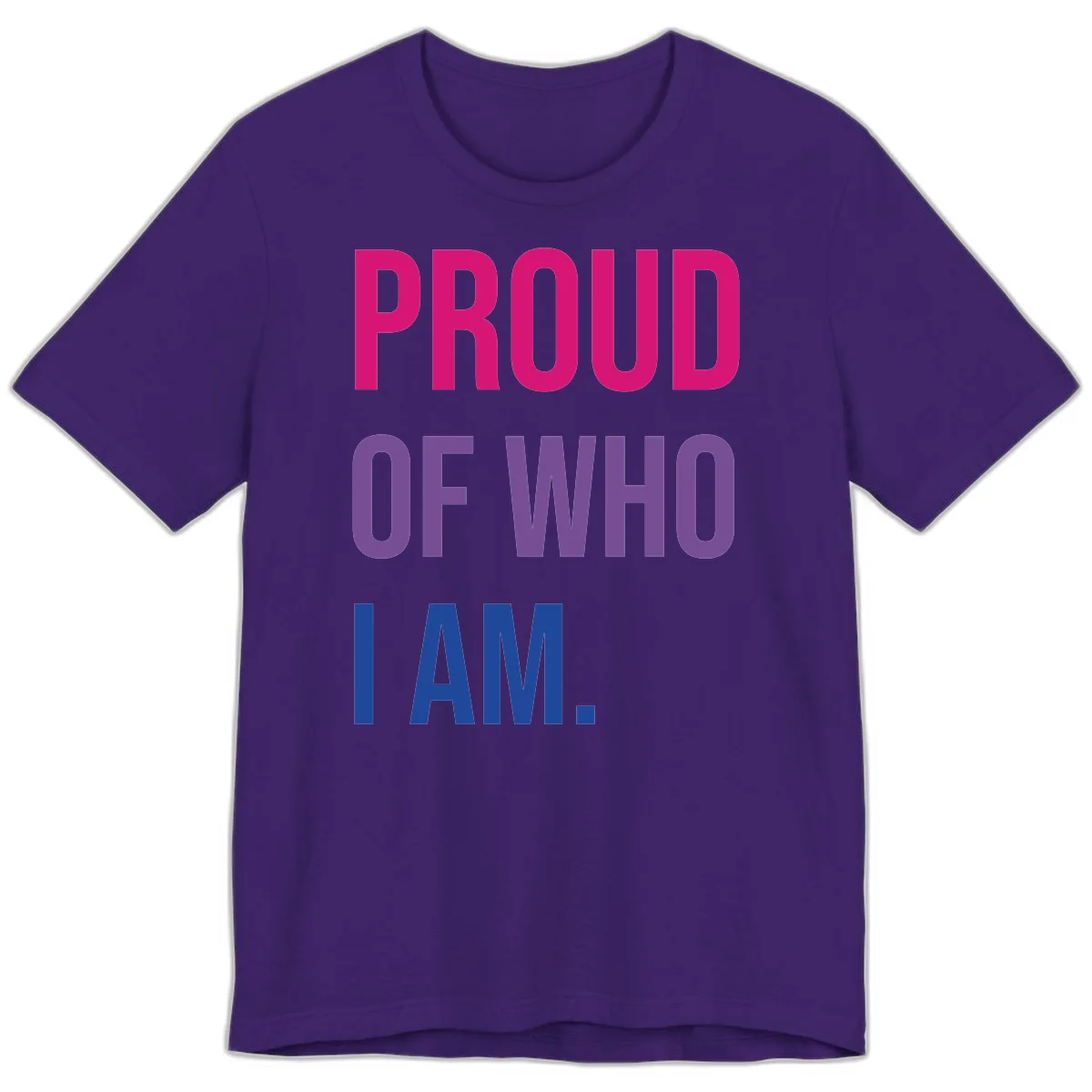 Bold colorful typography design reading 'PROUD OF WHO I AM' in magenta, purple, and blue letters on gray background in Team Purple