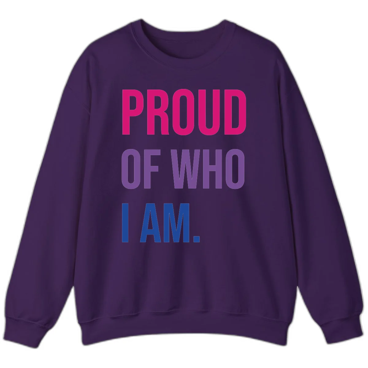 Bold colorful typography design reading 'PROUD OF WHO I AM' in magenta, purple, and blue letters on gray background in Purple