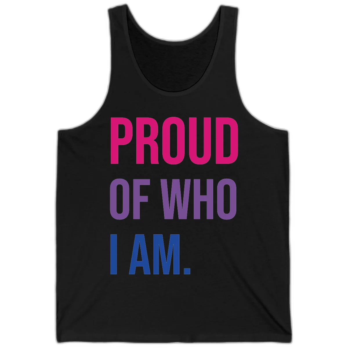 Bold colorful typography design reading 'PROUD OF WHO I AM' in magenta, purple, and blue letters on gray background in Black