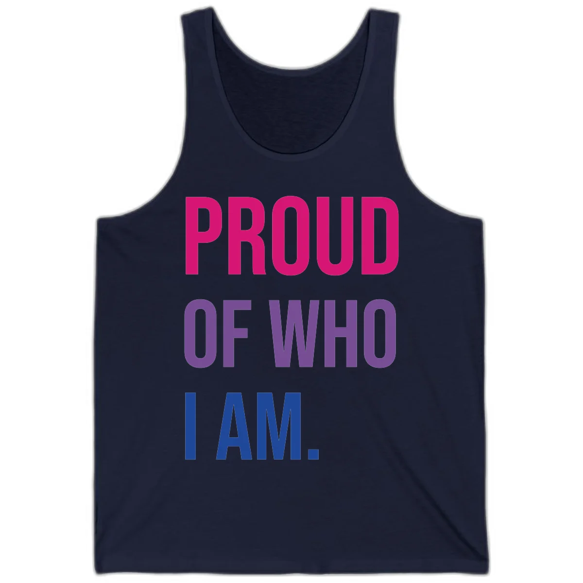Bold colorful typography design reading 'PROUD OF WHO I AM' in magenta, purple, and blue letters on gray background in Navy