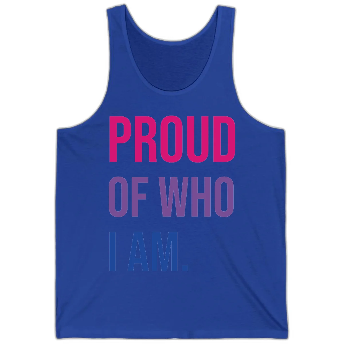 Bold colorful typography design reading 'PROUD OF WHO I AM' in magenta, purple, and blue letters on gray background in True Royal