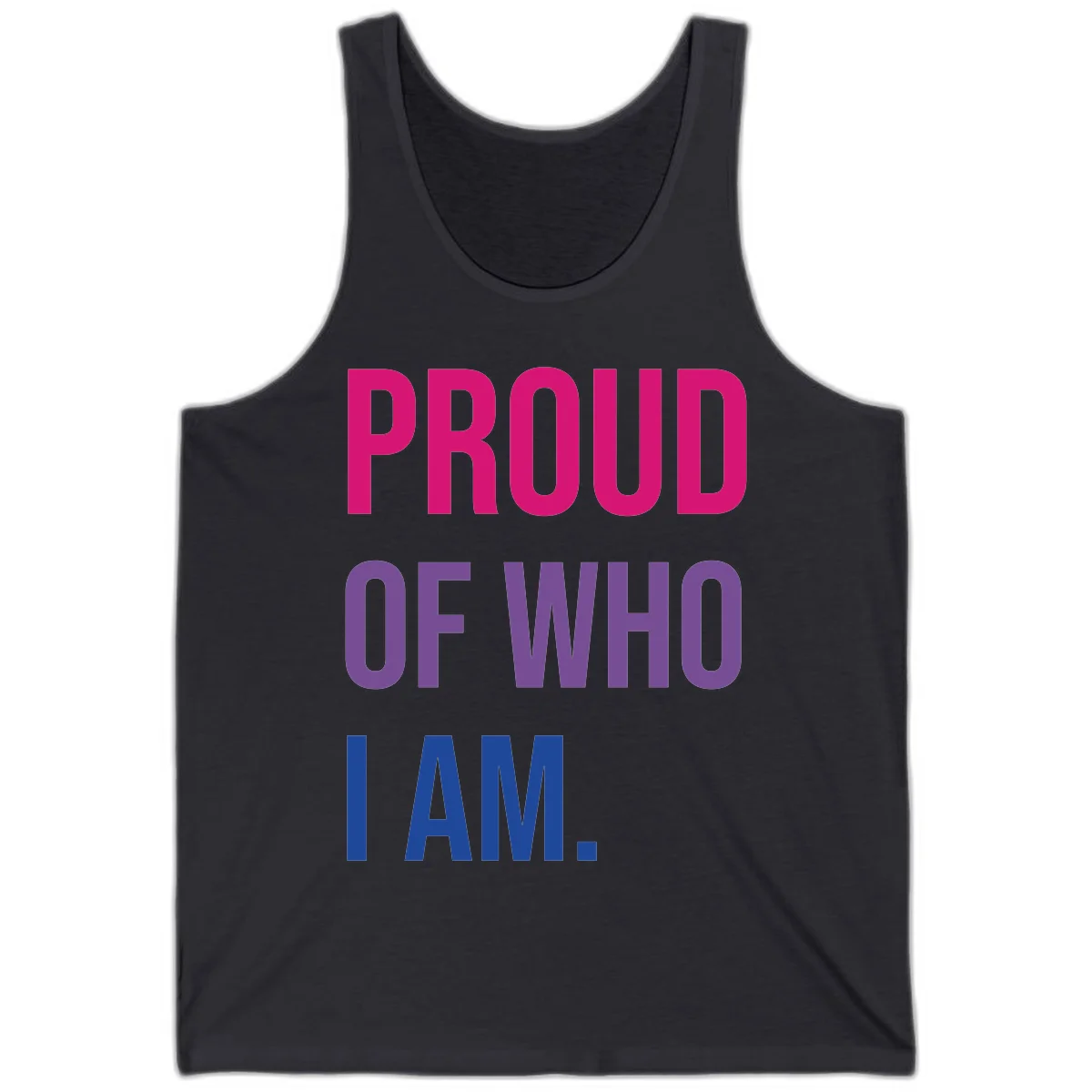 Bold colorful typography design reading 'PROUD OF WHO I AM' in magenta, purple, and blue letters on gray background in Dark Grey