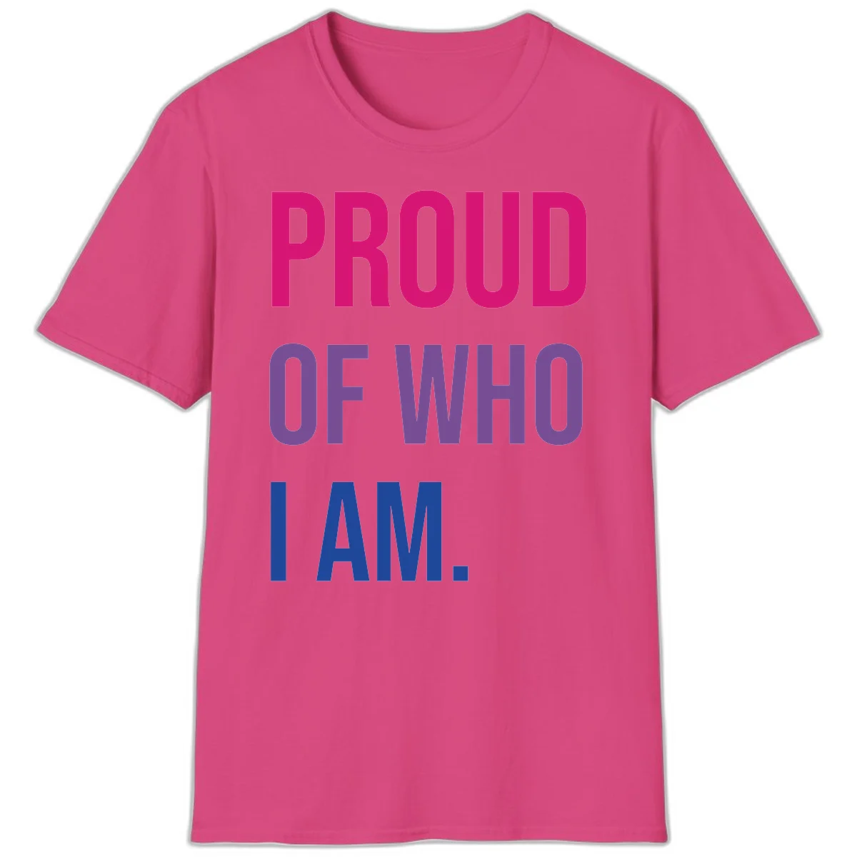 Bold colorful typography design reading 'PROUD OF WHO I AM' in magenta, purple, and blue letters on gray background in Heliconia