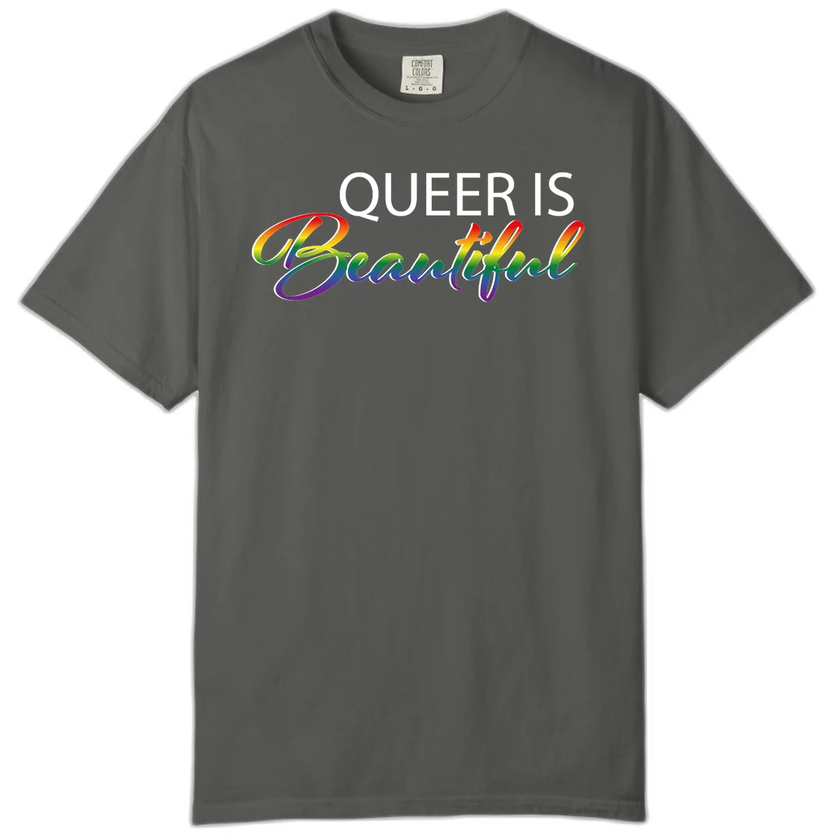 Rainbow gradient text reading 'Queer Is Beautiful' in pride flag colors on gray background in Pepper