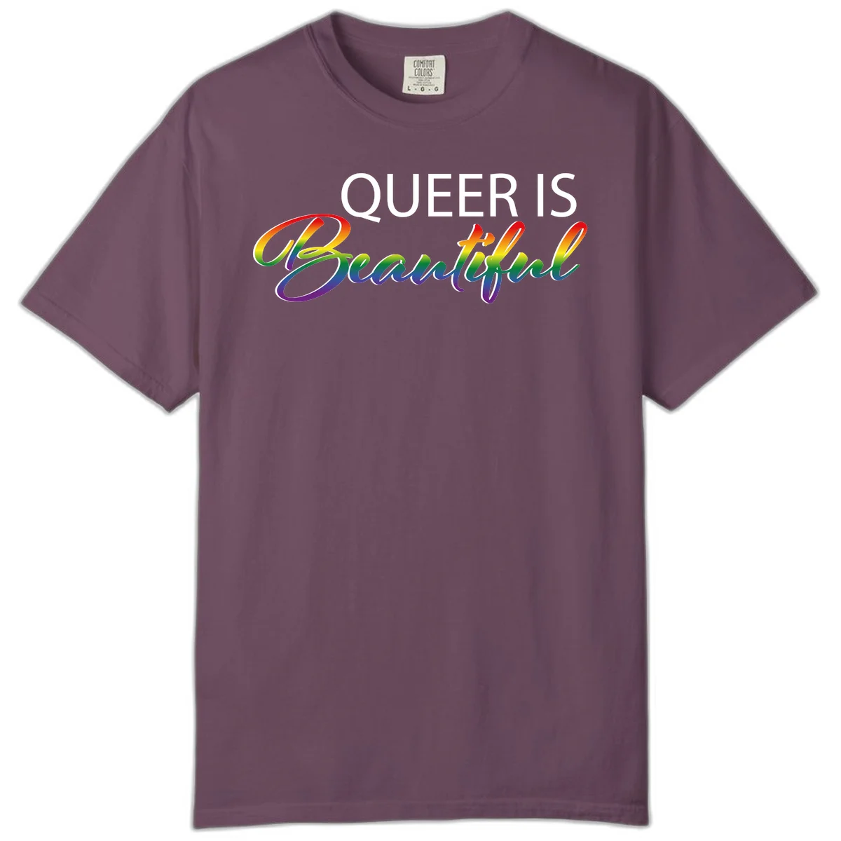 Rainbow gradient text reading 'Queer Is Beautiful' in pride flag colors on gray background in Berry