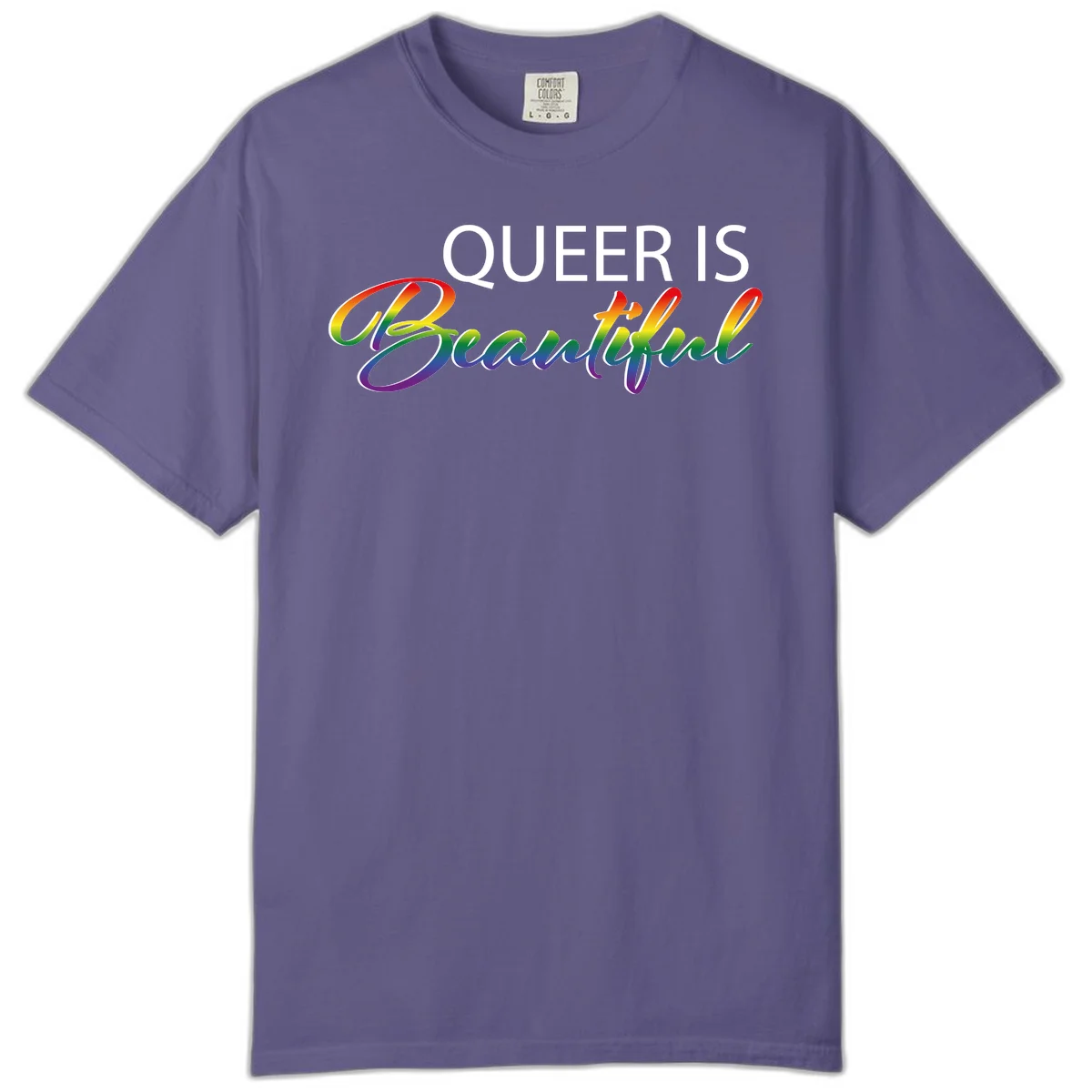 Rainbow gradient text reading 'Queer Is Beautiful' in pride flag colors on gray background in Grape