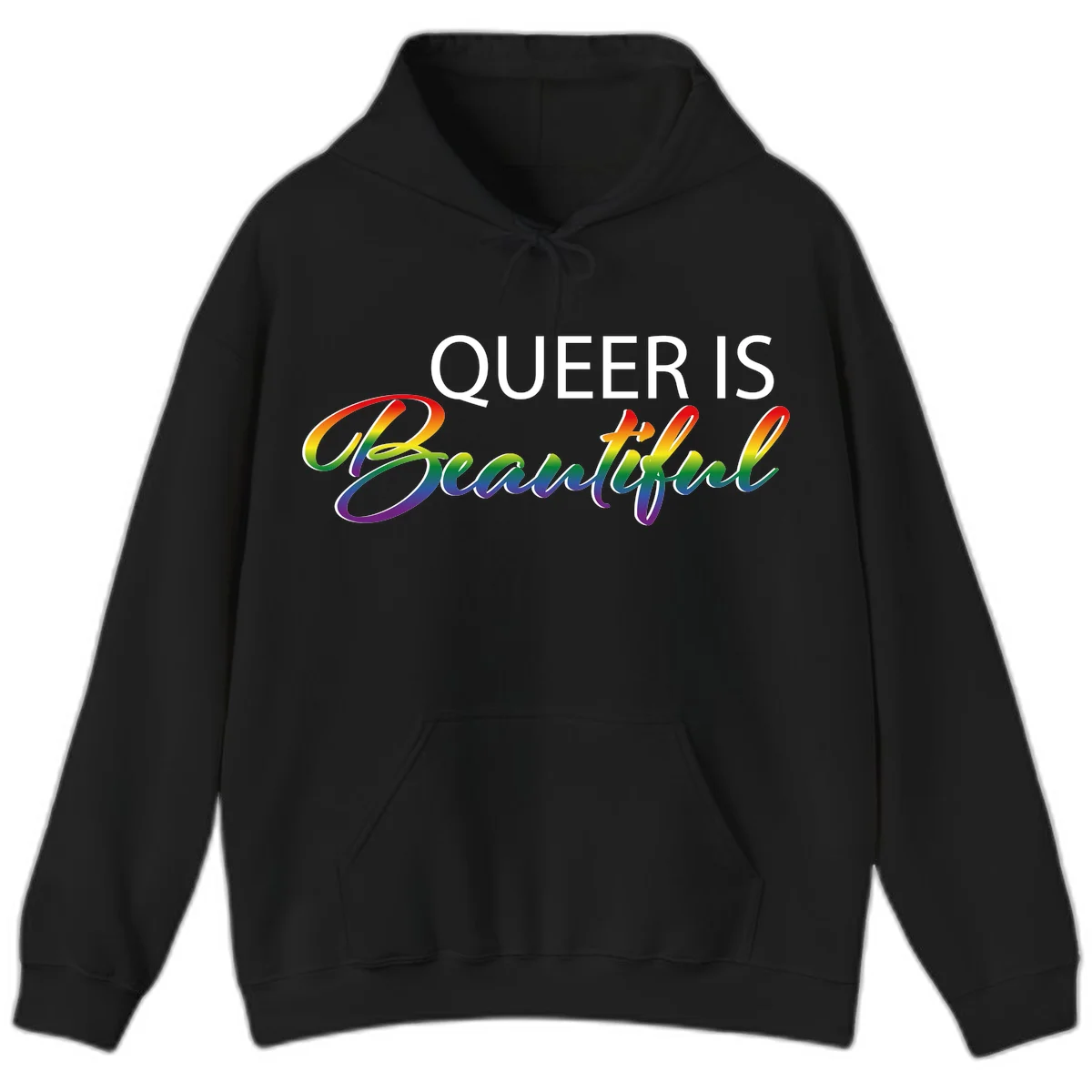 Rainbow gradient text reading 'Queer Is Beautiful' in pride flag colors on gray background in Black