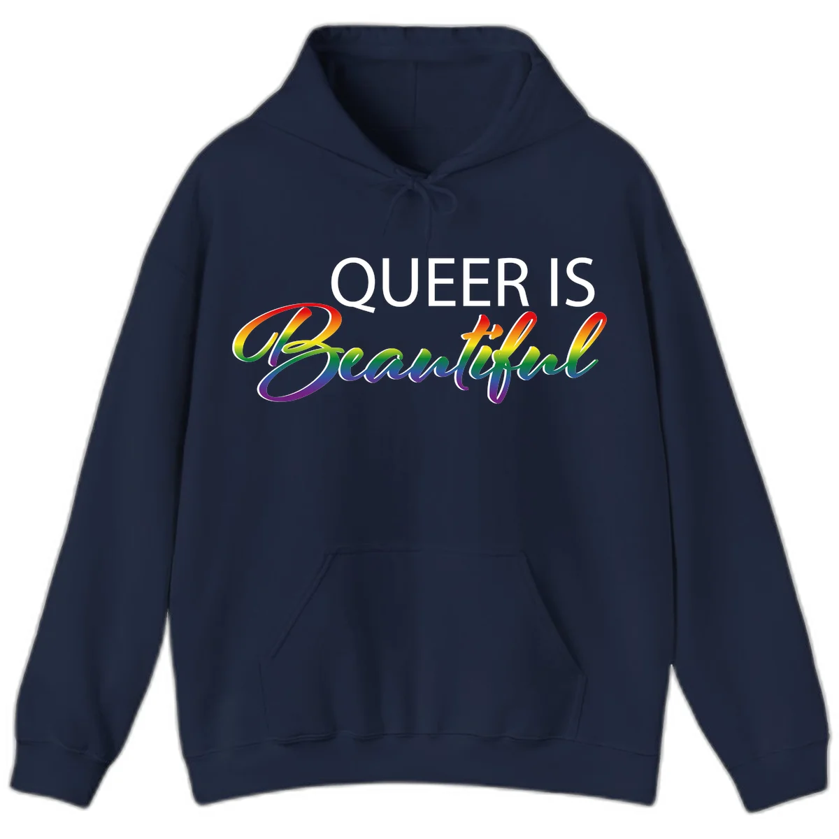Rainbow gradient text reading 'Queer Is Beautiful' in pride flag colors on gray background in Navy