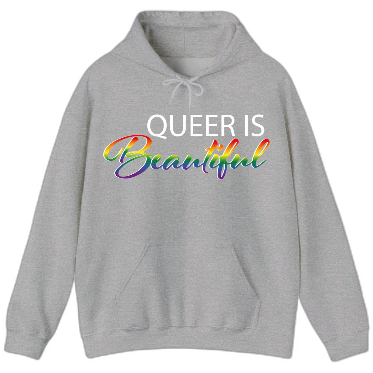 Rainbow gradient text reading 'Queer Is Beautiful' in pride flag colors on gray background in Sport Grey