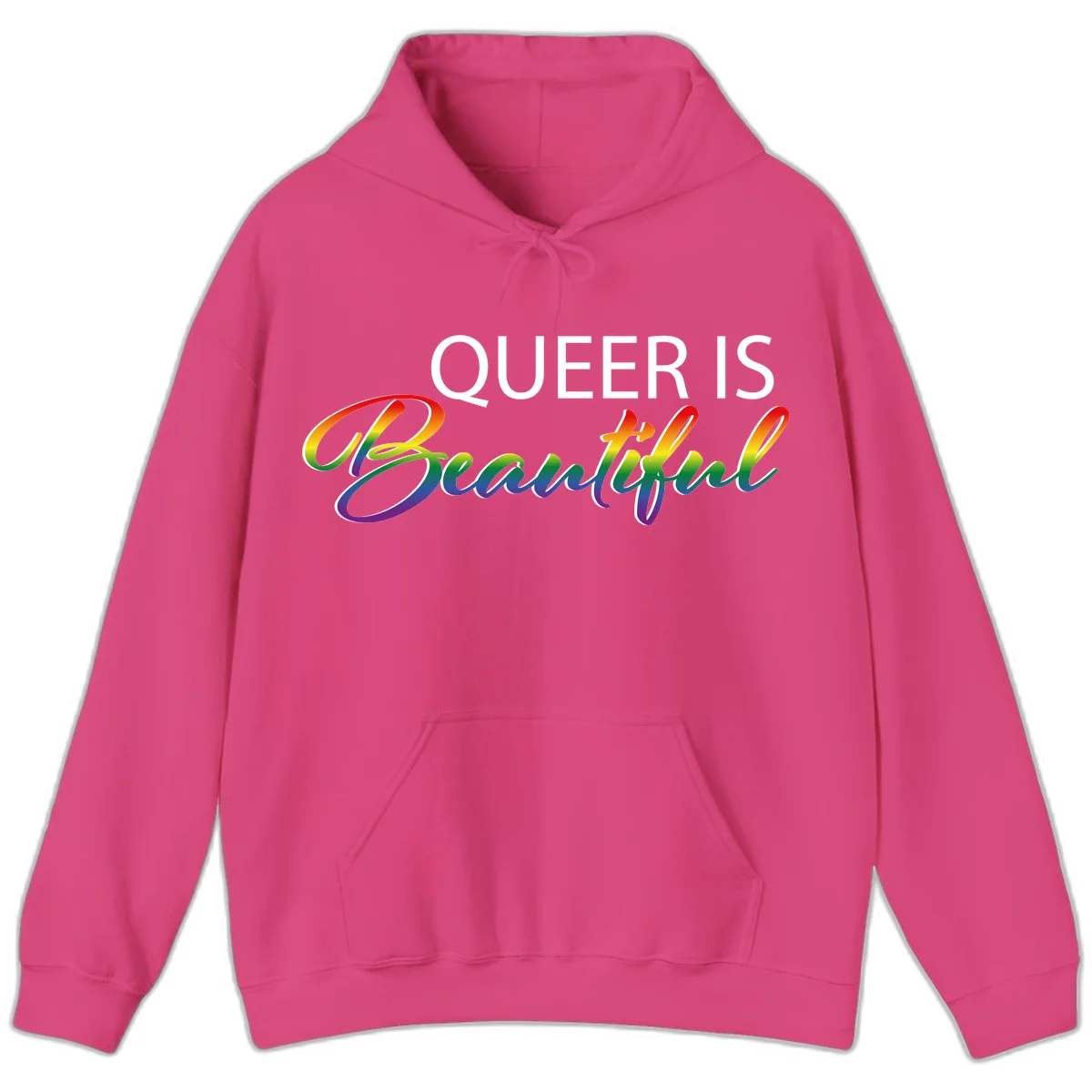 Rainbow gradient text reading 'Queer Is Beautiful' in pride flag colors on gray background in Heliconia