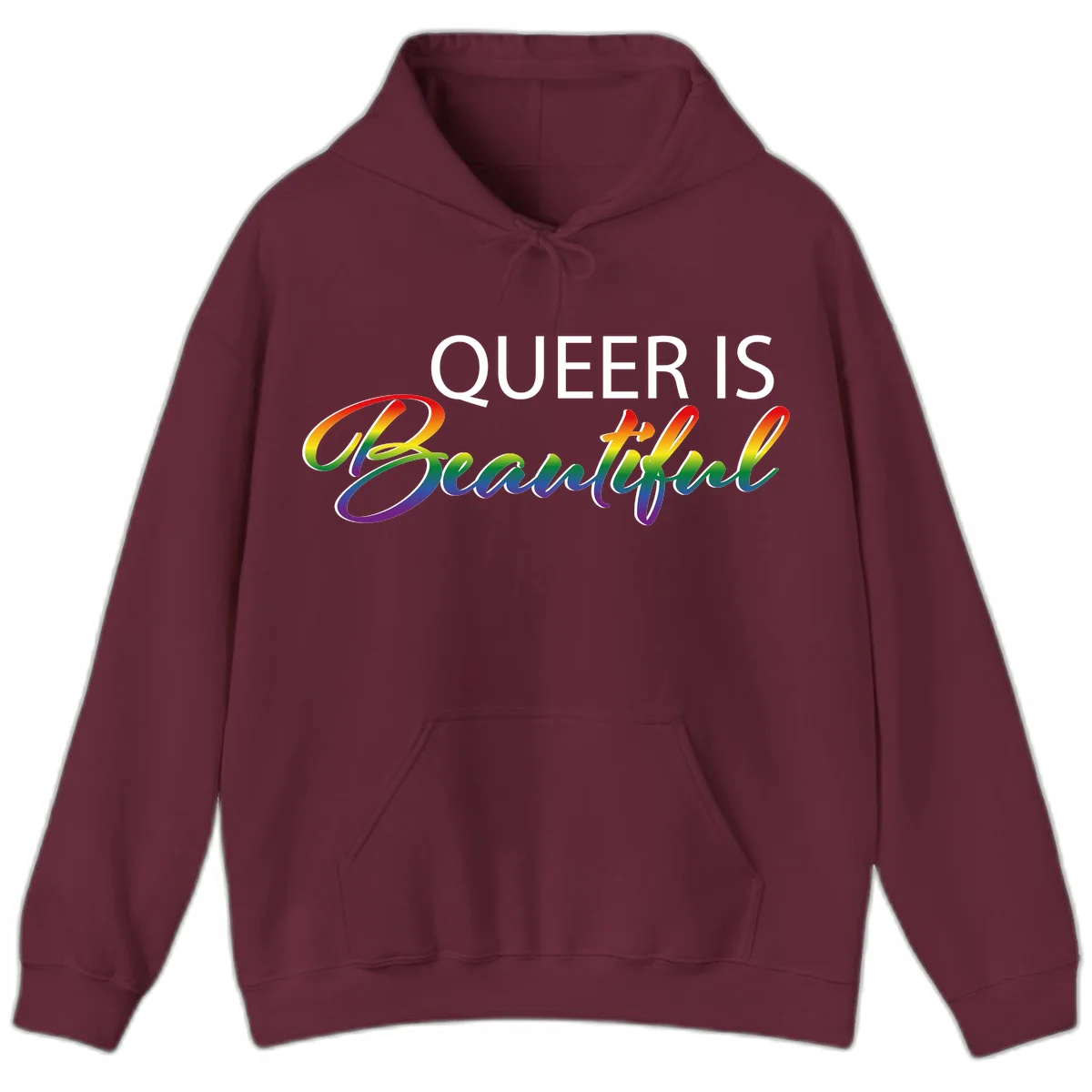 Rainbow gradient text reading 'Queer Is Beautiful' in pride flag colors on gray background in Maroon