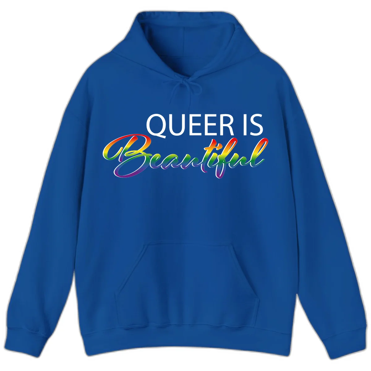 Rainbow gradient text reading 'Queer Is Beautiful' in pride flag colors on gray background in Royal