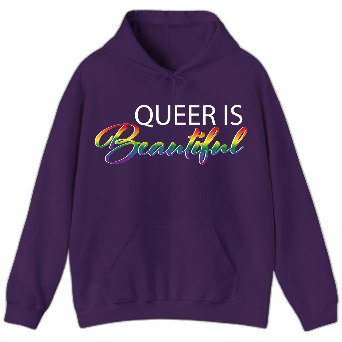 Rainbow gradient text reading 'Queer Is Beautiful' in pride flag colors on gray background in Purple