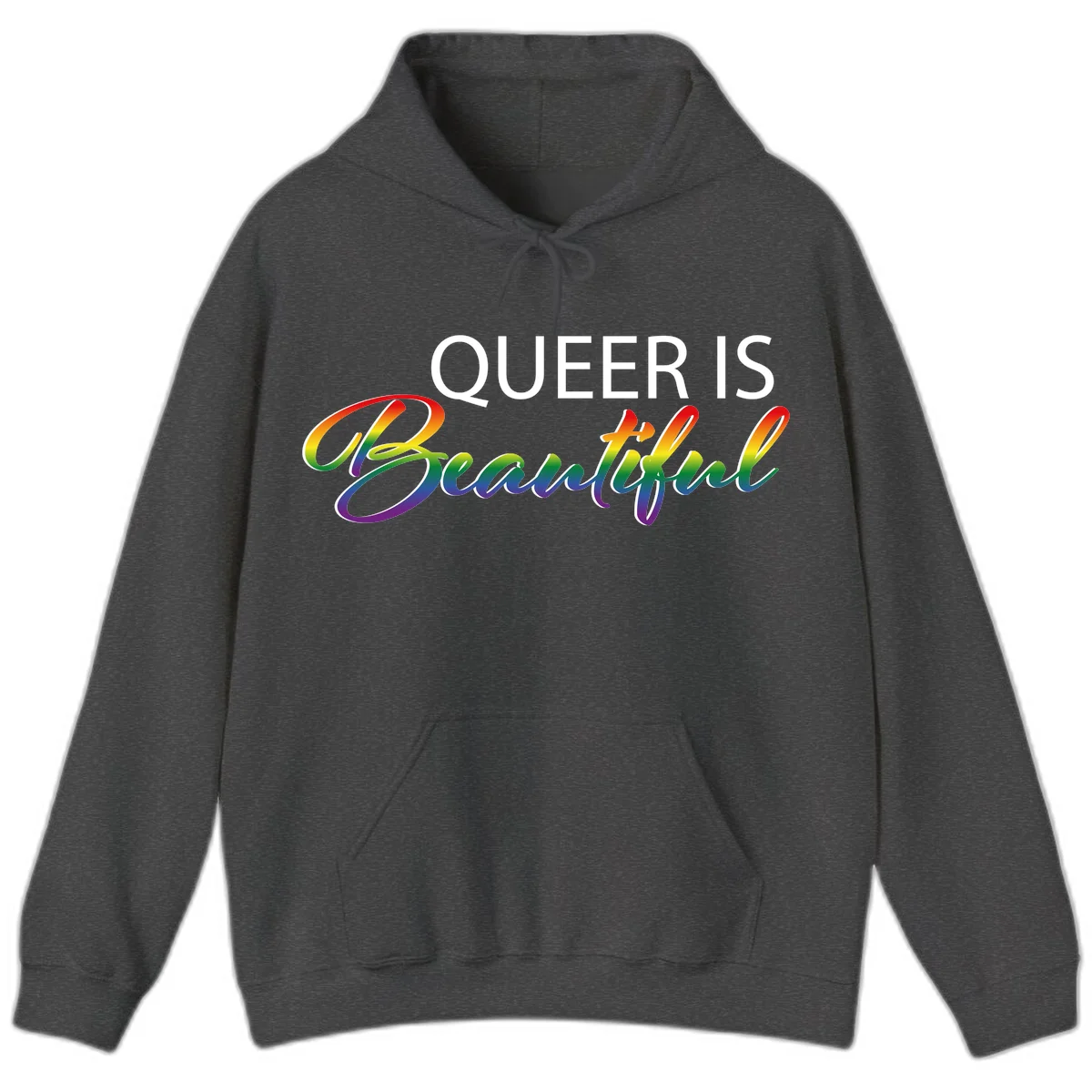 Rainbow gradient text reading 'Queer Is Beautiful' in pride flag colors on gray background in Dark Heather