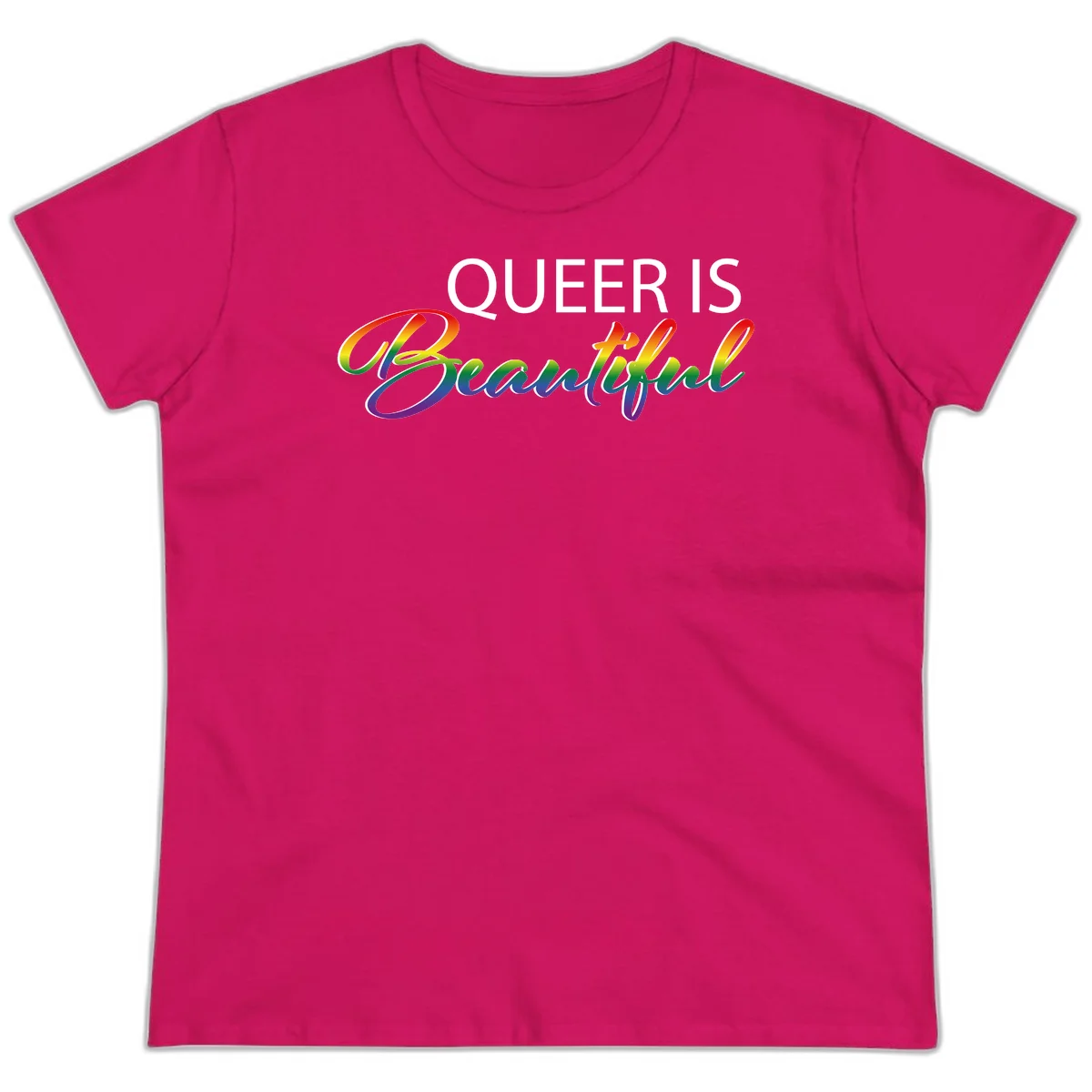 Rainbow gradient text reading 'Queer Is Beautiful' in pride flag colors on gray background in Heliconia