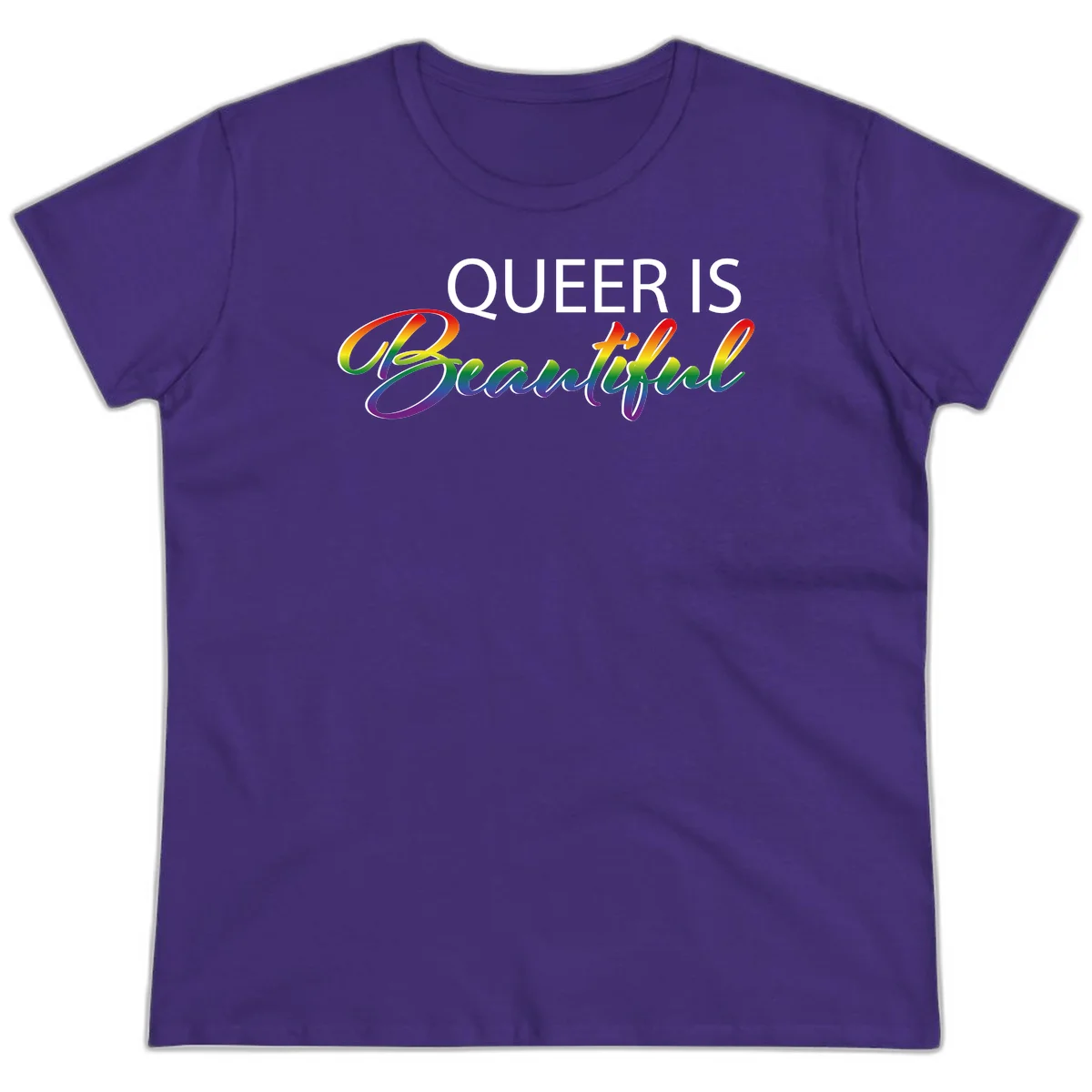 Rainbow gradient text reading 'Queer Is Beautiful' in pride flag colors on gray background in Purple