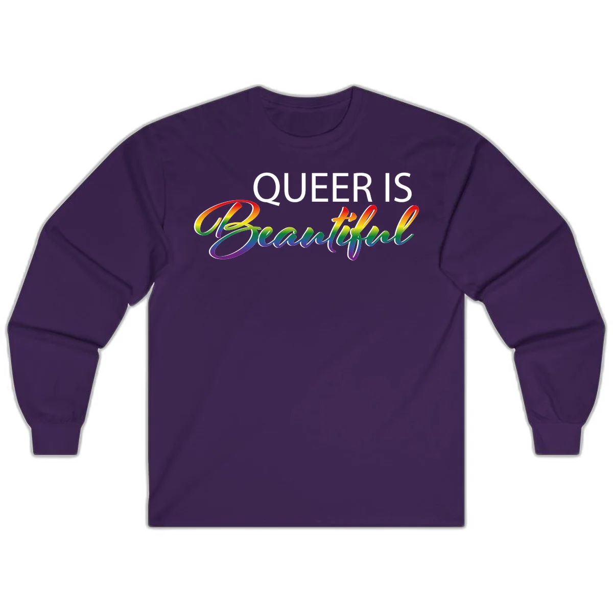 Rainbow gradient text reading 'Queer Is Beautiful' in pride flag colors on gray background in Purple