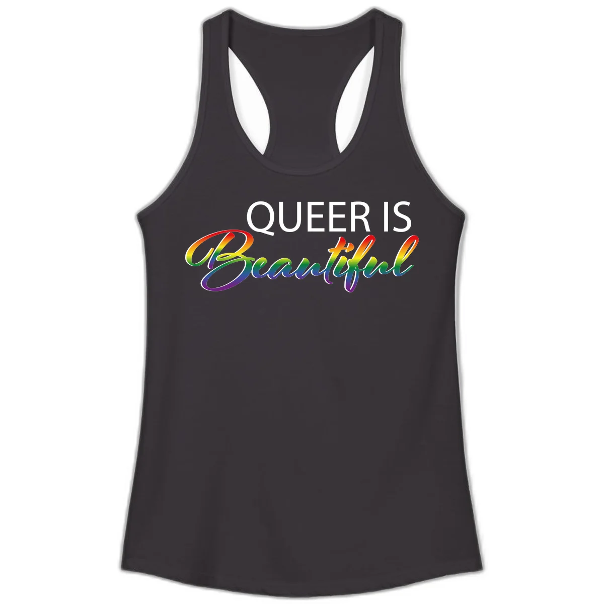 Rainbow gradient text reading 'Queer Is Beautiful' in pride flag colors on gray background in Black