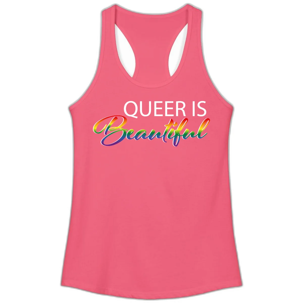 Rainbow gradient text reading 'Queer Is Beautiful' in pride flag colors on gray background in Hot Pink