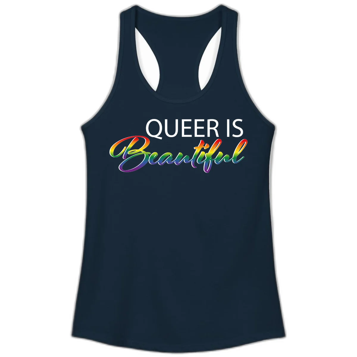 Rainbow gradient text reading 'Queer Is Beautiful' in pride flag colors on gray background in Solid Midnight Navy