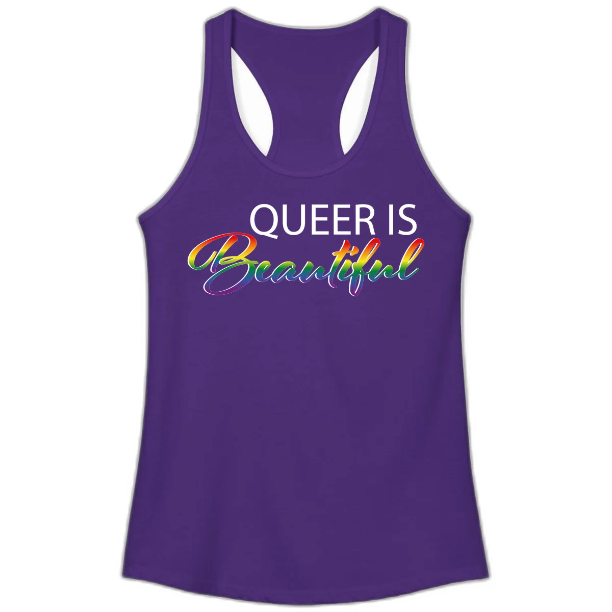 Rainbow gradient text reading 'Queer Is Beautiful' in pride flag colors on gray background in Solid Purple Rush