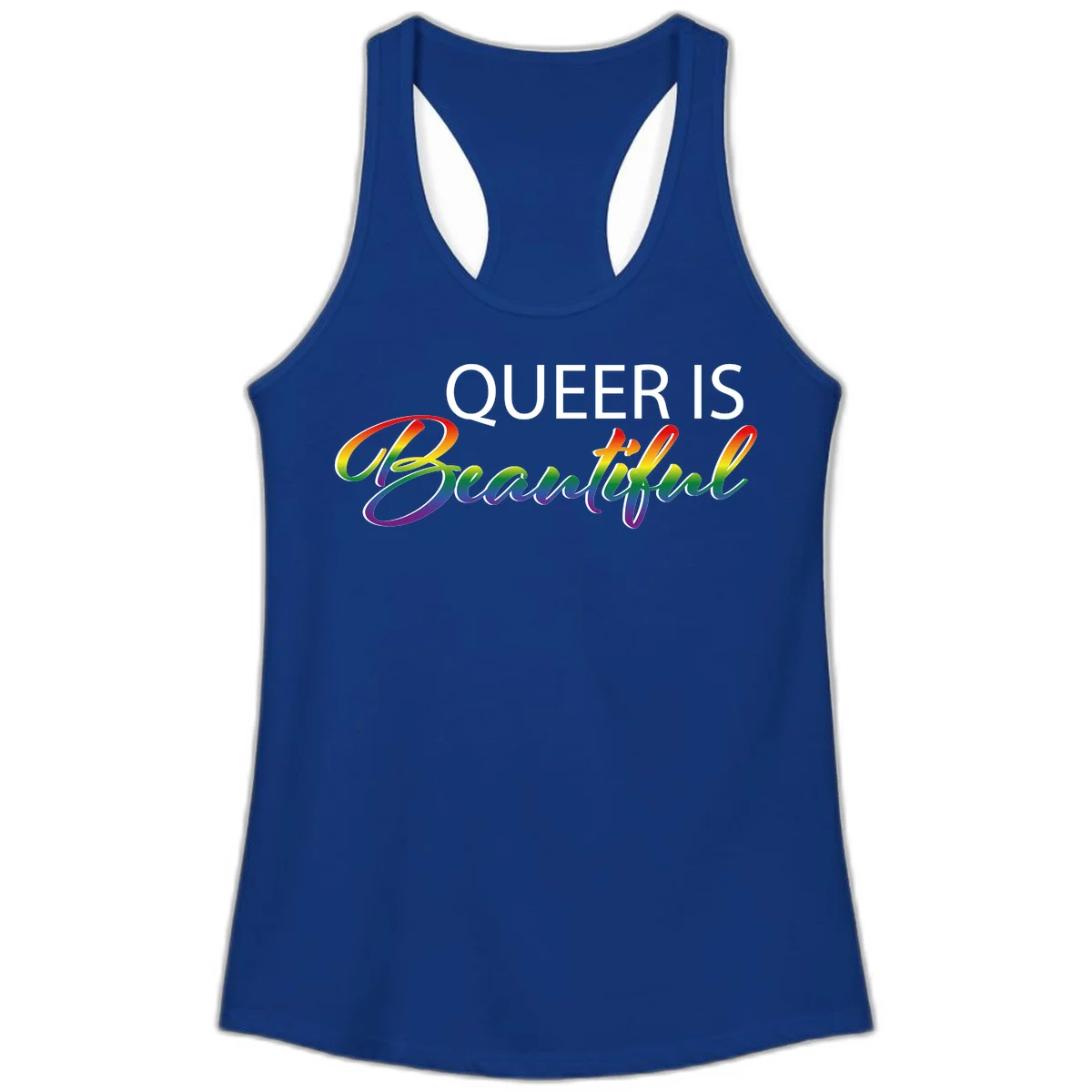 Rainbow gradient text reading 'Queer Is Beautiful' in pride flag colors on gray background in Solid Royal